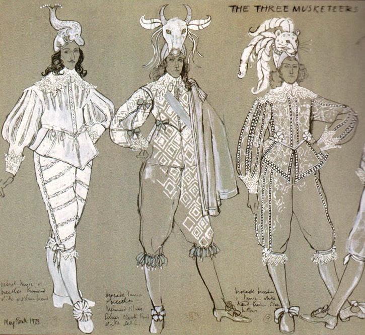 Costume designs for The Three Musketeers, by Yvonne Blake, illustrated by May Routh.